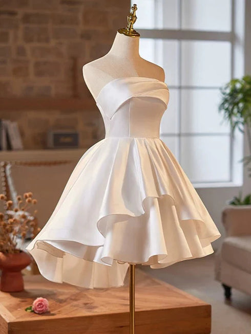 White Satin High Low Scoop Graduation Dress, White Satin Party Dress Formal Dress